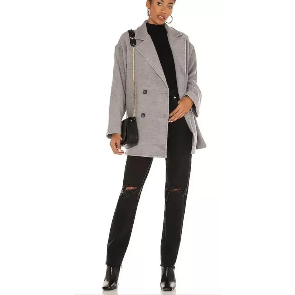 Free People Gray Hannah Slouchy Blazer Jacket‎ Double Breasted Coat Oversize XS